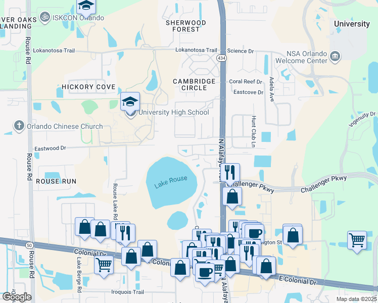 map of restaurants, bars, coffee shops, grocery stores, and more near 2550 North Alafaya Trail in Orlando
