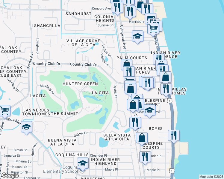 map of restaurants, bars, coffee shops, grocery stores, and more near 3530 Oakhill Drive in Titusville