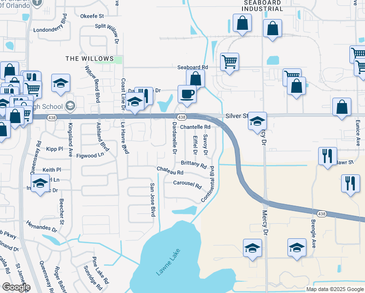 map of restaurants, bars, coffee shops, grocery stores, and more near 2306 Fontainebleau Drive in Orlando