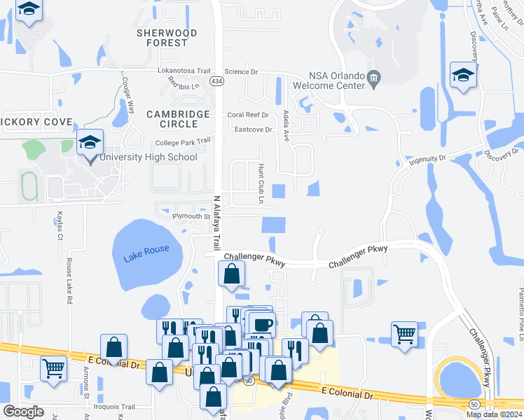 map of restaurants, bars, coffee shops, grocery stores, and more near 12316 Fox Hound Lane in Orlando