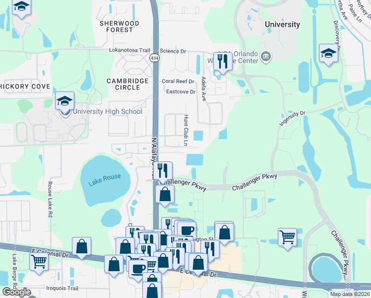 map of restaurants, bars, coffee shops, grocery stores, and more near 2531 North Alafaya Trail in Orlando