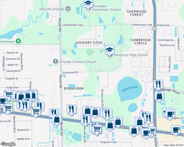 map of restaurants, bars, coffee shops, grocery stores, and more near 2119 Brighton Lane in Orlando