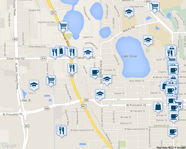 map of restaurants, bars, coffee shops, grocery stores, and more near 1611 Bryn Mawr Street in Orlando