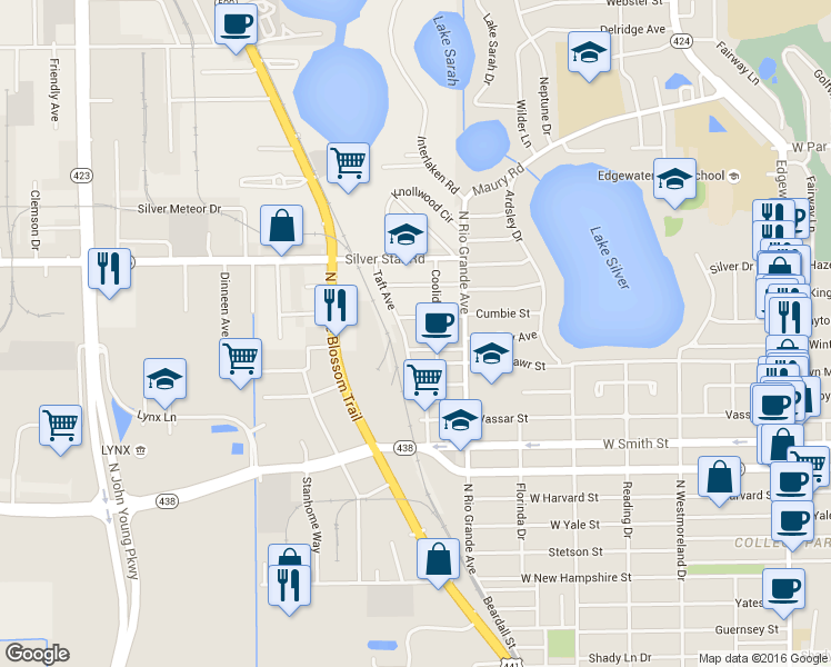 map of restaurants, bars, coffee shops, grocery stores, and more near 1611 Bryn Mawr Street in Orlando