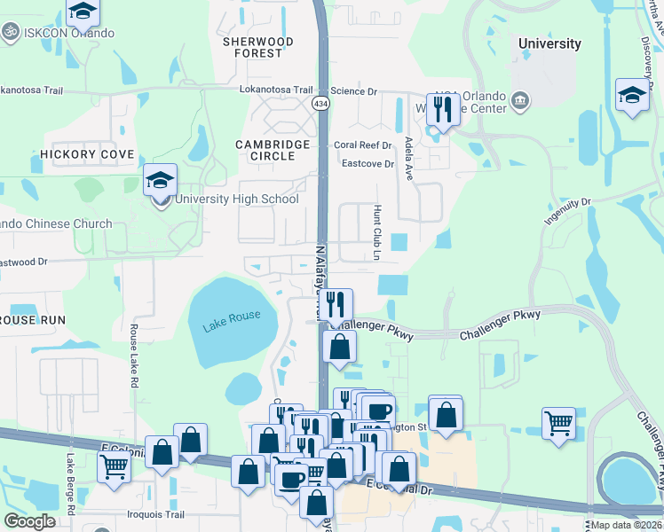 map of restaurants, bars, coffee shops, grocery stores, and more near 2515 North Alafaya Trail in Orlando