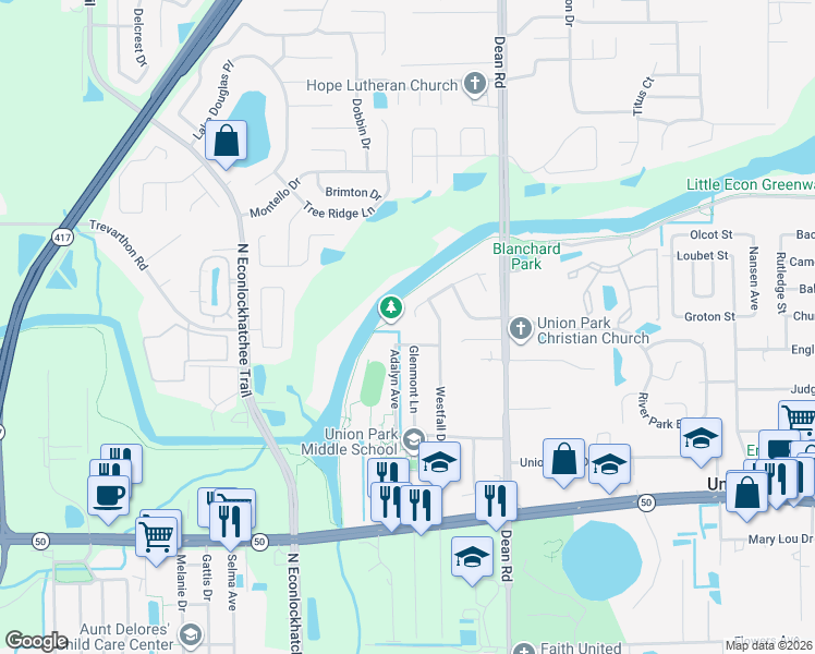map of restaurants, bars, coffee shops, grocery stores, and more near 2126 Glenmont Lane in Orlando