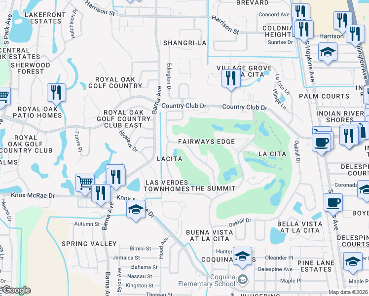 map of restaurants, bars, coffee shops, grocery stores, and more near 3651-57 Sawgrass Drive in Titusville
