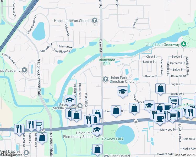 map of restaurants, bars, coffee shops, grocery stores, and more near 9940 Timber Oaks Court in Orlando