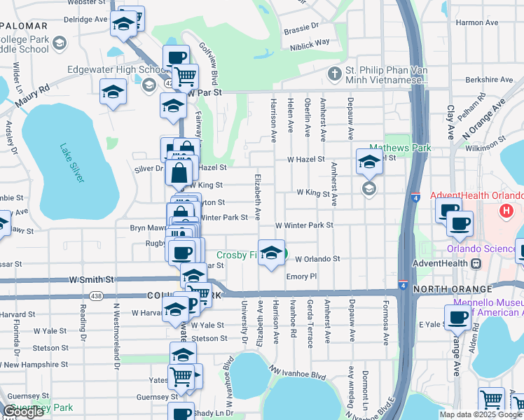 map of restaurants, bars, coffee shops, grocery stores, and more near 2623 Elizabeth Avenue in Orlando