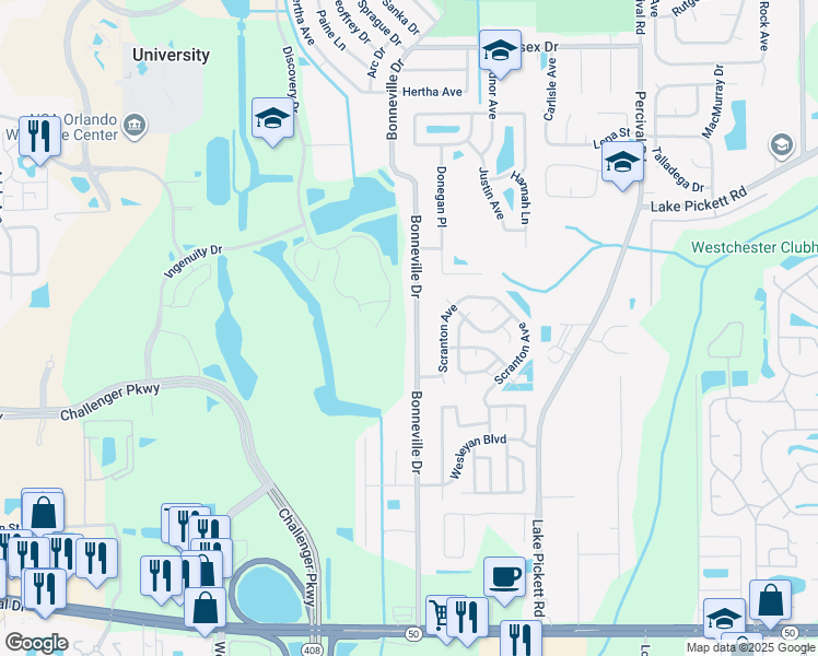 map of restaurants, bars, coffee shops, grocery stores, and more near 1968 Bonneville Drive in Orlando