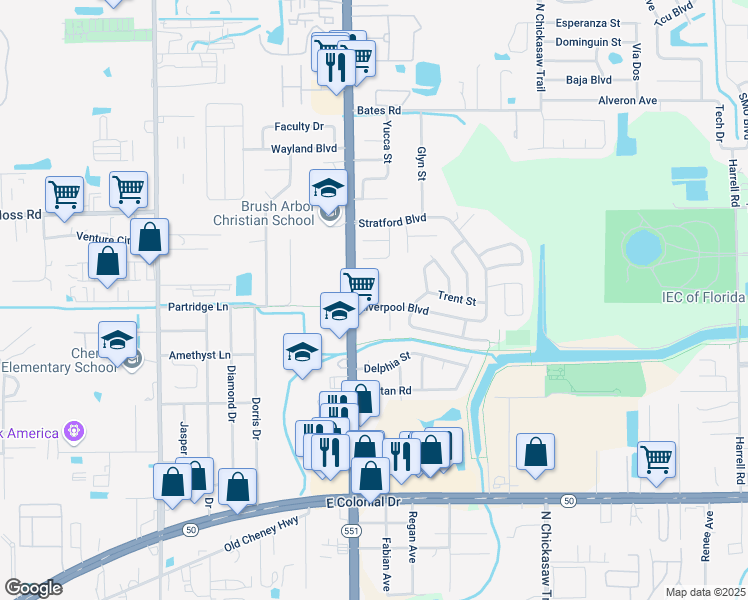 map of restaurants, bars, coffee shops, grocery stores, and more near 2113 North Goldenrod Road in Orlando