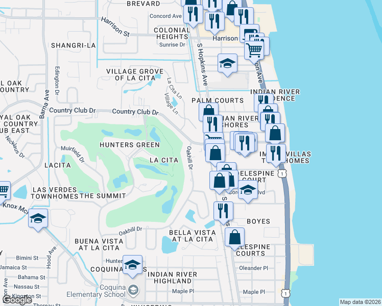 map of restaurants, bars, coffee shops, grocery stores, and more near 3506 Sable Palm Lane in Titusville