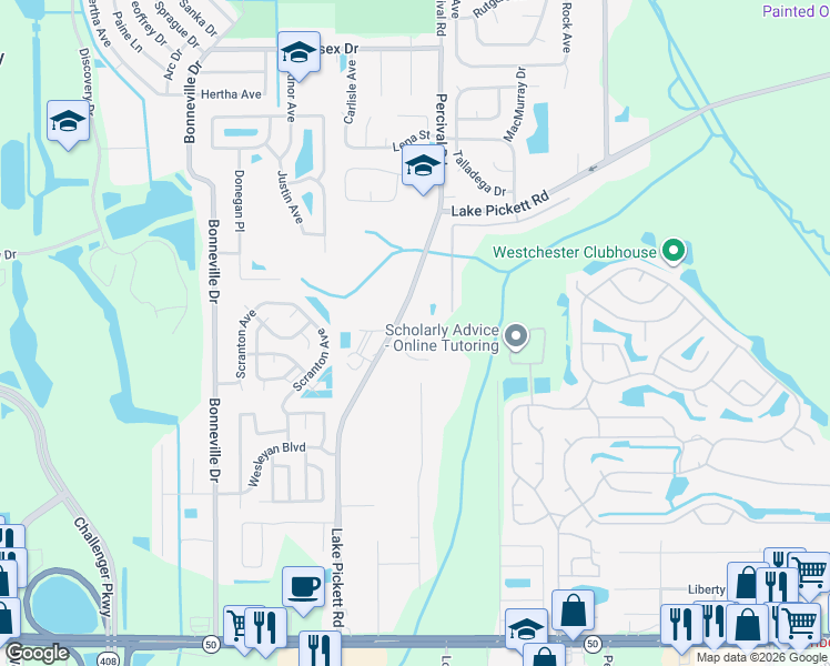 map of restaurants, bars, coffee shops, grocery stores, and more near 2315 Lake Pickett Road in Orlando