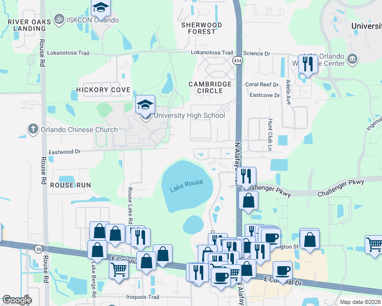 map of restaurants, bars, coffee shops, grocery stores, and more near 11660 College Park Trail in Orlando