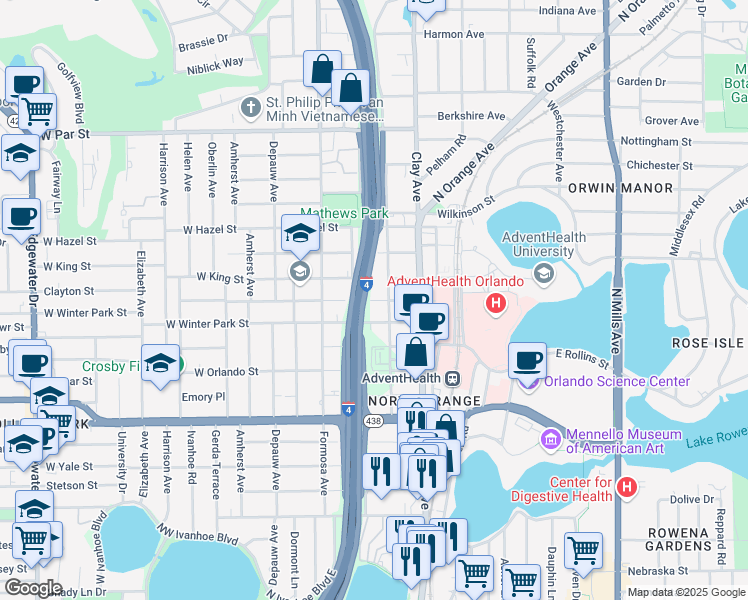 map of restaurants, bars, coffee shops, grocery stores, and more near 2728 Dade Avenue in Orlando