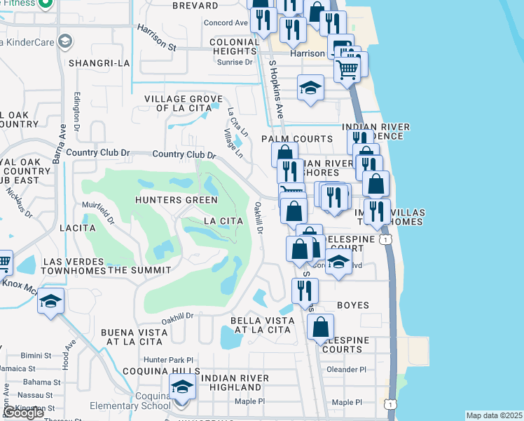 map of restaurants, bars, coffee shops, grocery stores, and more near 3506 Sable Palm Lane in Titusville