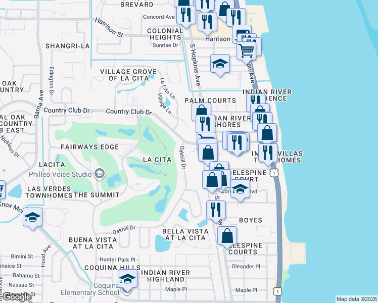 map of restaurants, bars, coffee shops, grocery stores, and more near 3505 Sable Palm Lane in Titusville