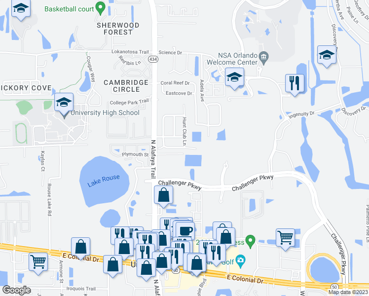 map of restaurants, bars, coffee shops, grocery stores, and more near 12318 Fox Hound Lane in Orlando