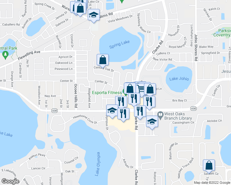 map of restaurants, bars, coffee shops, grocery stores, and more near 334 Sterling Lake Drive in Ocoee