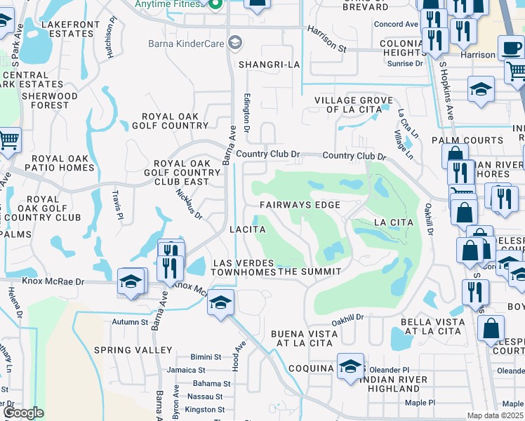 map of restaurants, bars, coffee shops, grocery stores, and more near 3557 Muirfield Drive in Titusville