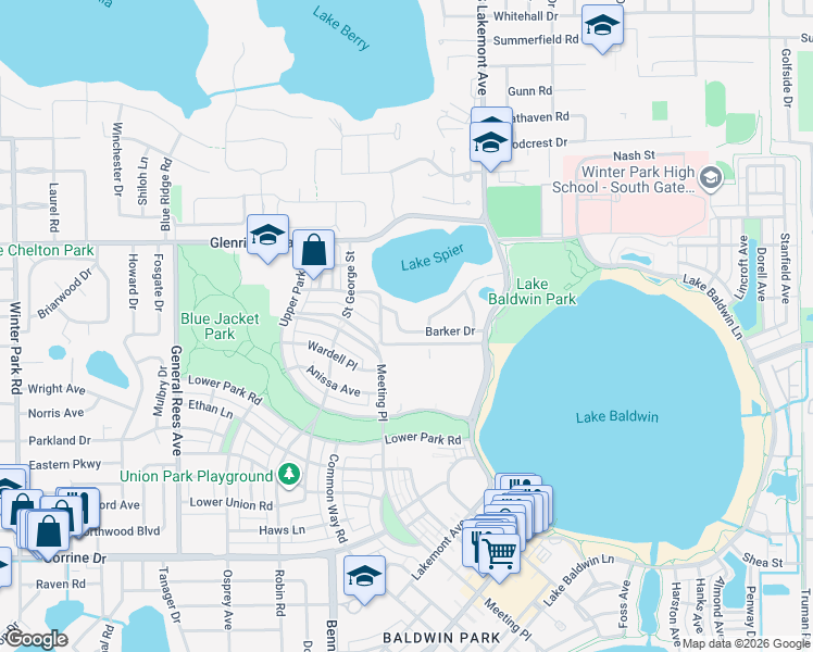map of restaurants, bars, coffee shops, grocery stores, and more near 1805 Barker Drive in Winter Park