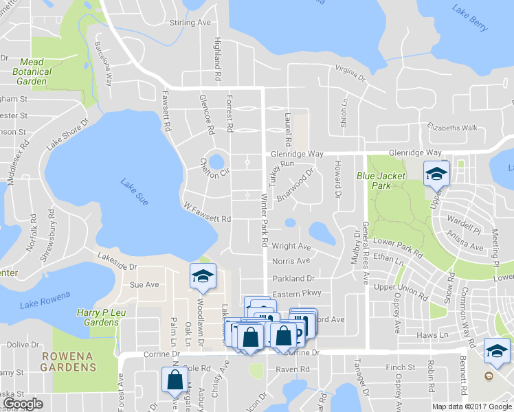 map of restaurants, bars, coffee shops, grocery stores, and more near 250 Oakwood Way in Winter Park