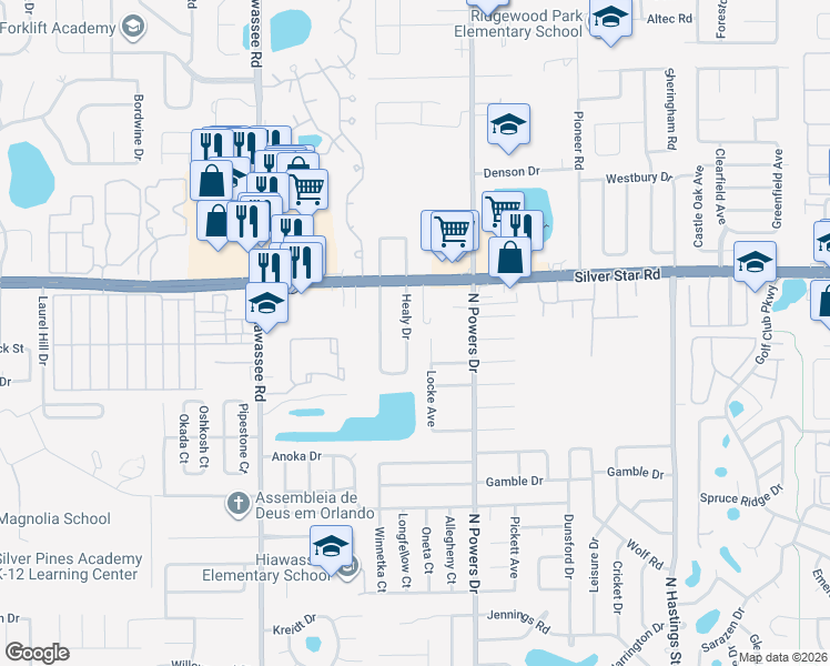 map of restaurants, bars, coffee shops, grocery stores, and more near 6394 Silver Star Road in Orlando