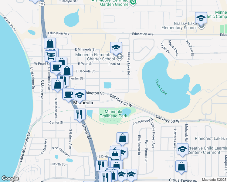 map of restaurants, bars, coffee shops, grocery stores, and more near 434 Village Court in Minneola