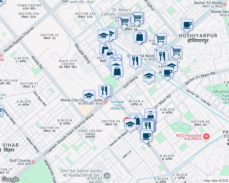 map of restaurants, bars, coffee shops, grocery stores, and more near A 50 Golf Marg in Noida