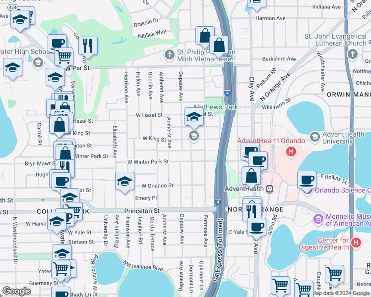 map of restaurants, bars, coffee shops, grocery stores, and more near 7 East Spruce Street in Orlando
