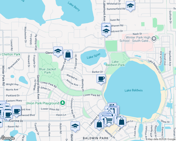 map of restaurants, bars, coffee shops, grocery stores, and more near 1805 Barker Drive in Winter Park