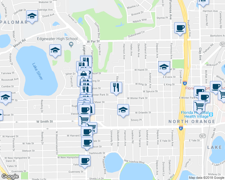 map of restaurants, bars, coffee shops, grocery stores, and more near 515 Clayton Street in Orlando