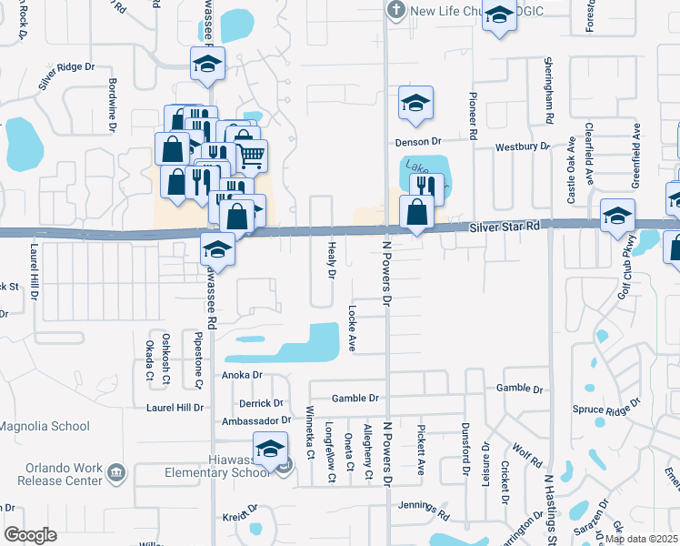 map of restaurants, bars, coffee shops, grocery stores, and more near 6394 Silver Star Road in Orlando