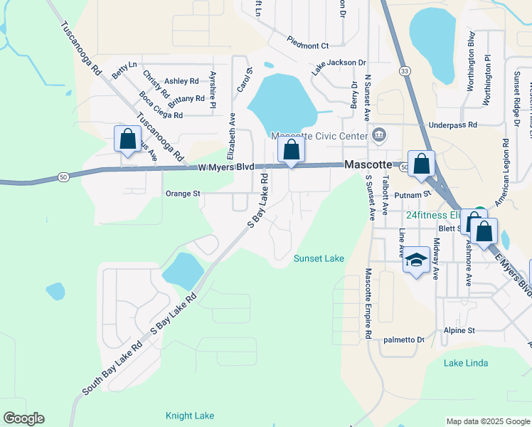 map of restaurants, bars, coffee shops, grocery stores, and more near 124 South Bay Lake Road in Mascotte