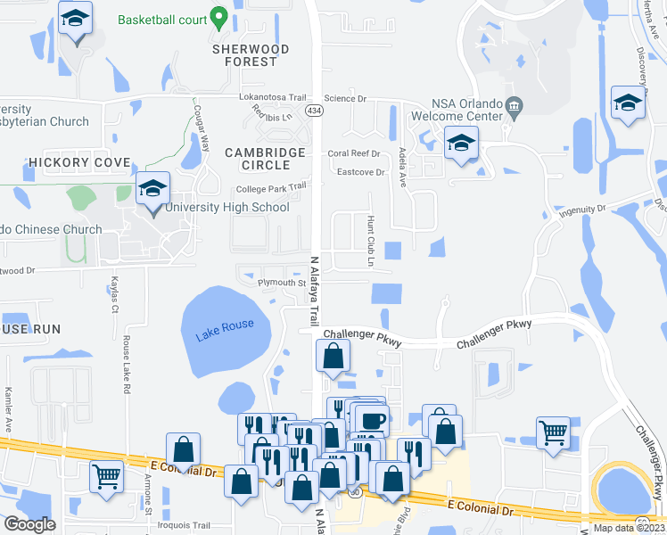 map of restaurants, bars, coffee shops, grocery stores, and more near 12248 Fox Hound Lane in Orlando