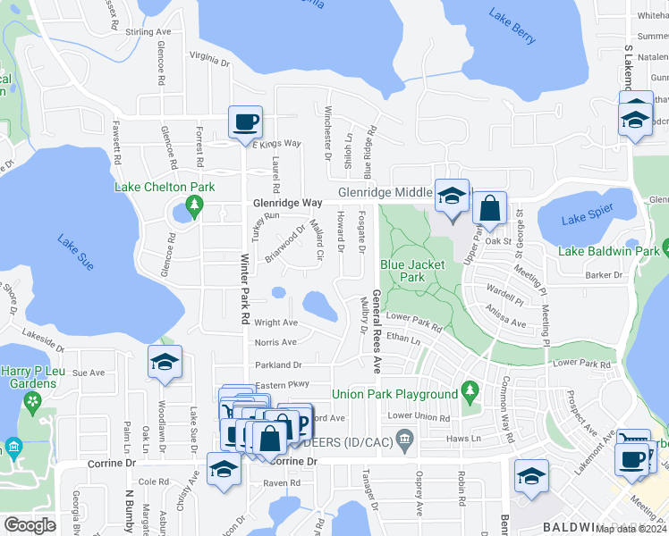 map of restaurants, bars, coffee shops, grocery stores, and more near 2201 Howard Drive in Winter Park