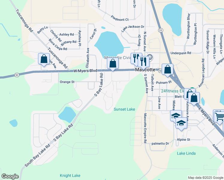 map of restaurants, bars, coffee shops, grocery stores, and more near 206 Howard Court in Mascotte