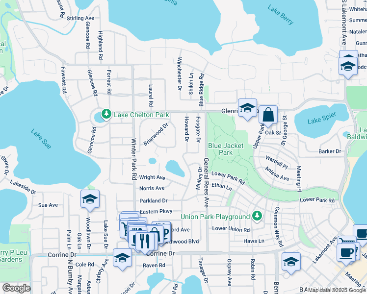 map of restaurants, bars, coffee shops, grocery stores, and more near 2201 Howard Drive in Winter Park
