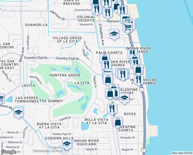 map of restaurants, bars, coffee shops, grocery stores, and more near 3505 Oakhill Drive in Titusville