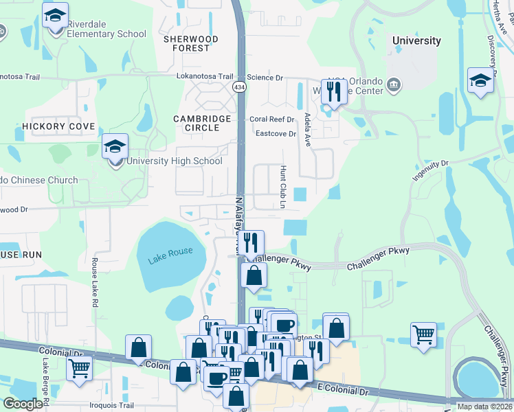 map of restaurants, bars, coffee shops, grocery stores, and more near 12234 Huntsman Lane in Orlando