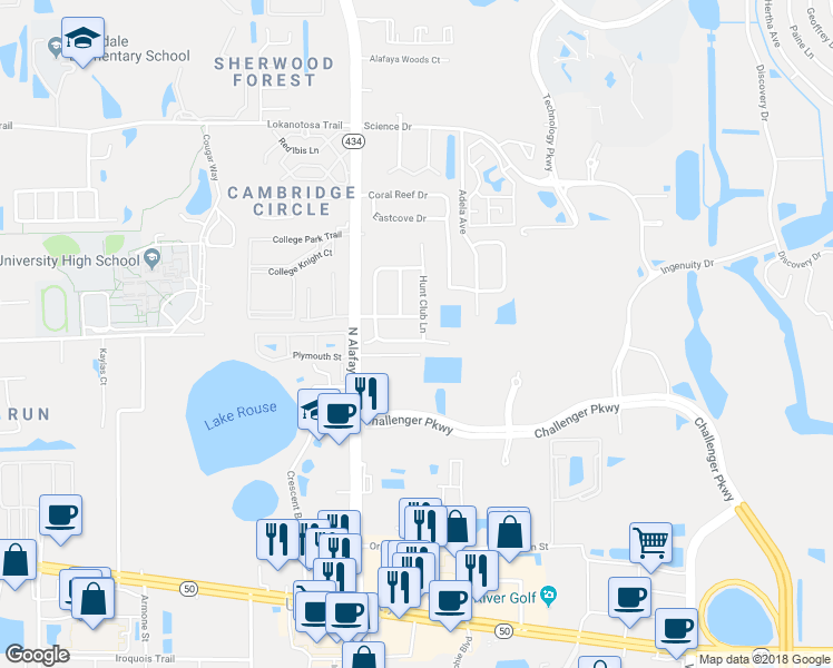 map of restaurants, bars, coffee shops, grocery stores, and more near 12285 Fox Hound Ln in Orlando