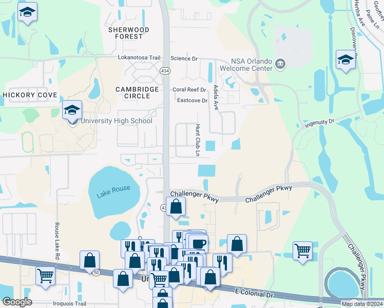 map of restaurants, bars, coffee shops, grocery stores, and more near 12284 Huntsman Lane in Orlando