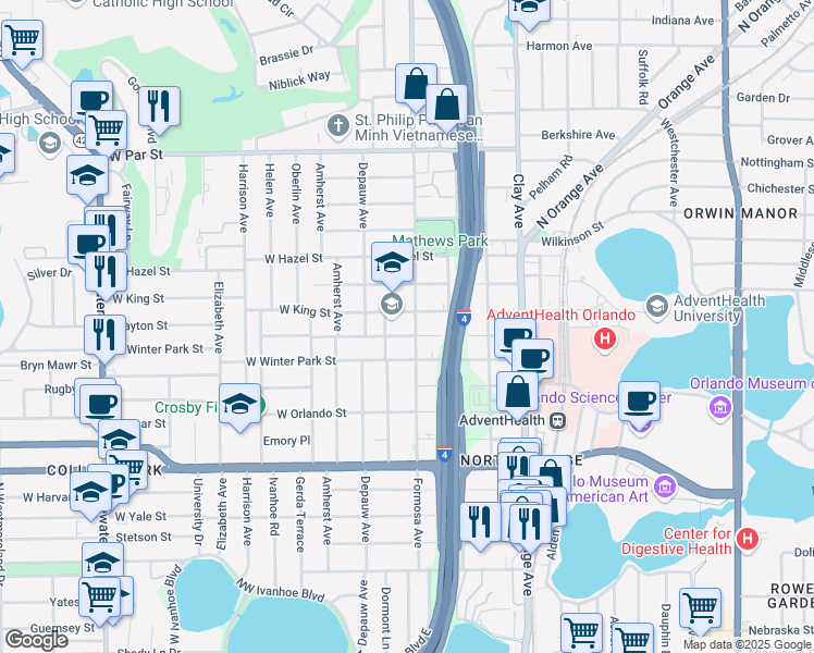 map of restaurants, bars, coffee shops, grocery stores, and more near 30 East King Street in Orlando