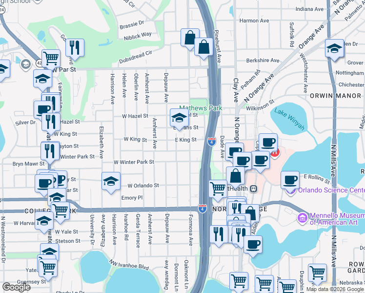 map of restaurants, bars, coffee shops, grocery stores, and more near 30 East King Street in Orlando