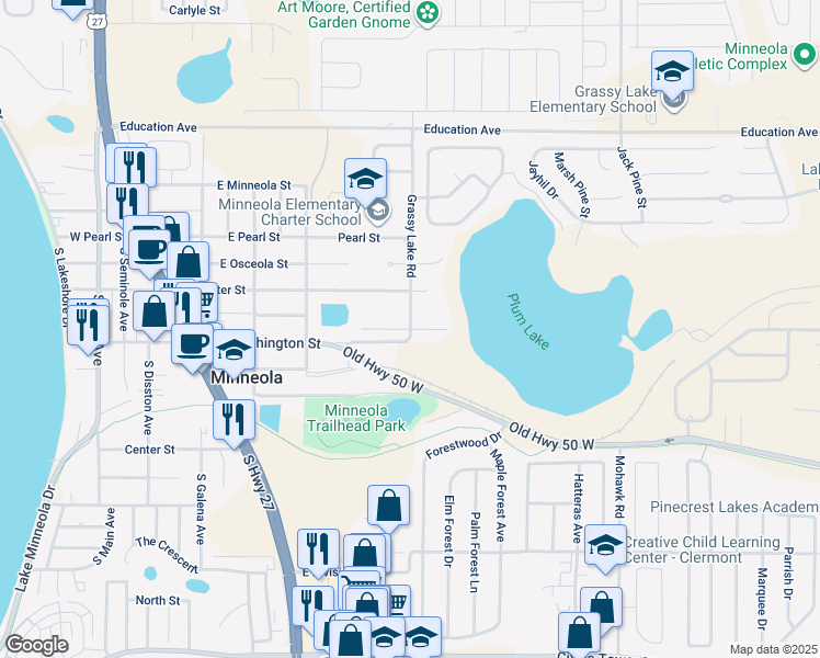 map of restaurants, bars, coffee shops, grocery stores, and more near 207 Grassy Lake Road in Minneola