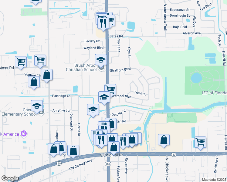 map of restaurants, bars, coffee shops, grocery stores, and more near 2113 North Goldenrod Road in Orlando