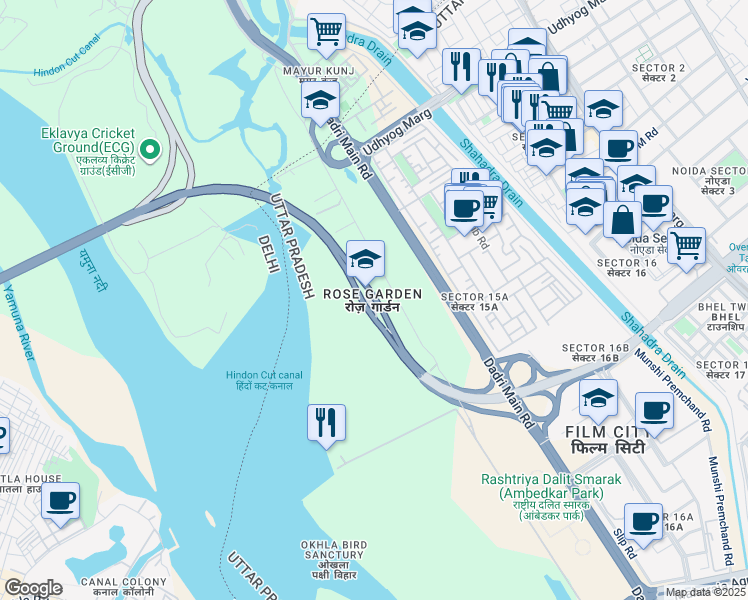 map of restaurants, bars, coffee shops, grocery stores, and more near Delhi Noida Direct Flyway in Noida