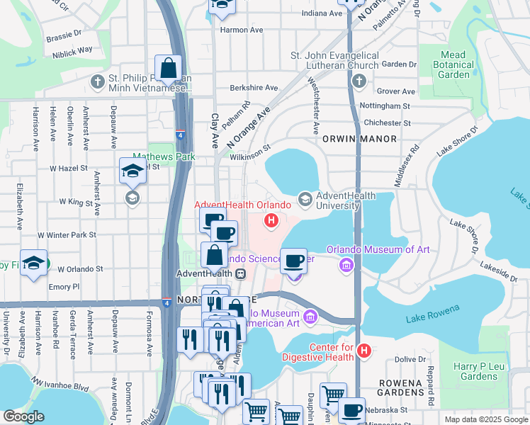 map of restaurants, bars, coffee shops, grocery stores, and more near 601 East Rollins Street in Orlando