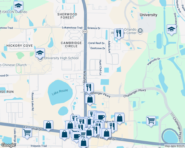 map of restaurants, bars, coffee shops, grocery stores, and more near 12245 Fox Hound Lane in Orlando