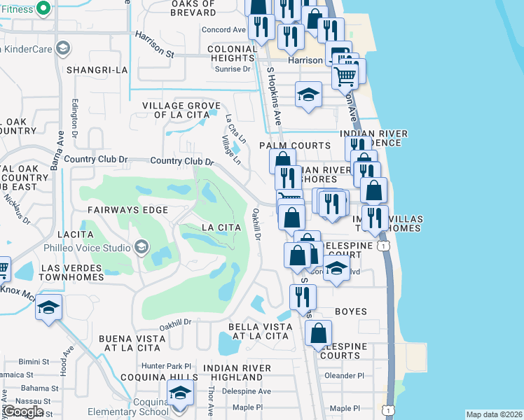 map of restaurants, bars, coffee shops, grocery stores, and more near 3510 Sable Palm Lane in Titusville